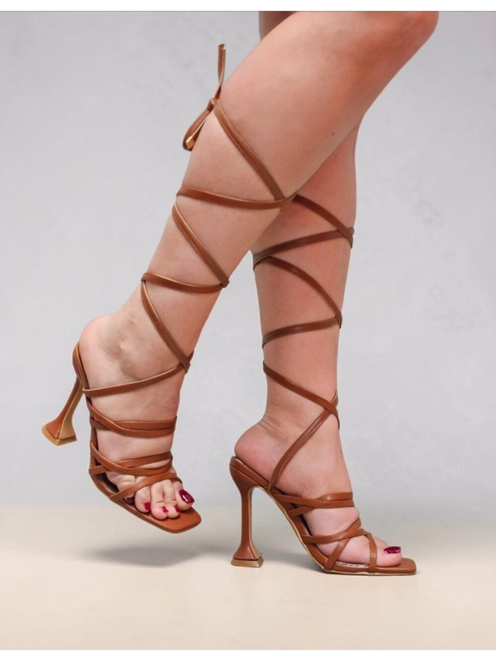 Strappy Brown Gladiator Heels With Lace-Up Design & Square Toe High Heel Sandals - Picture 3 of 16